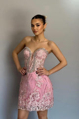 Beautiful Short Column Satin Lace Sweetheart Sleeveless Pink Homecoming Dresses With Appliques