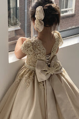 Beautiful Short Sleeve Appliques Lace Ball Gown Backless Flower Girl Dress-misshow.com