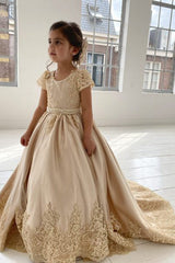 Beautiful Short Sleeve Appliques Lace Ball Gown Backless Flower Girl Dress-misshow.com