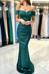 Beautiful Simple Long Dark Green Off-the-shoulder Mermaid Sleeveless Evening Dresses-misshow.com