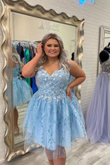 Beautiful Sky Blue A-line Appliques Short Homecoming Dress-misshow.com