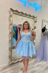 Beautiful Sky Blue A-line Appliques Short Homecoming Dress-misshow.com