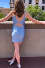 Beautiful Sky Blue Spaghetti Straps Sleeveless Homecoming Dresses-misshow.com