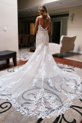 Beautiful Spaghetti Straps V-neck Blackless Lace Mermaid Wedding Dresses-misshow.com