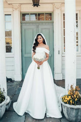 Beautiful White A-line Off-the-shoulder Satin Wedding Dress-misshow.com