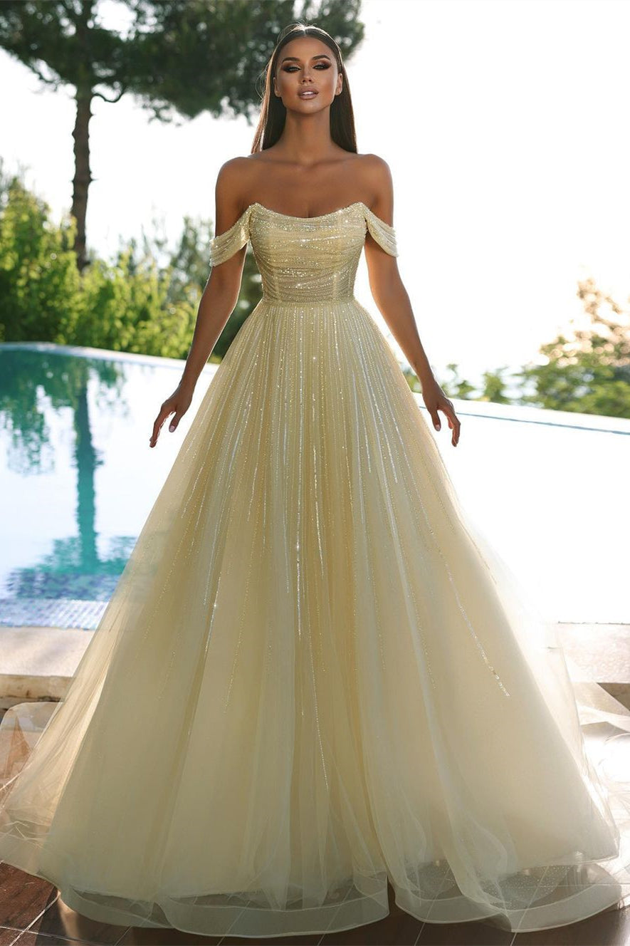 Beautiful Yellow Off-the-shoulder Sequined A-line Prom Dress-misshow.com