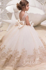 Beige Scoop Neck Sleeveless Ball Gown Flower Girls Dress-misshow.com