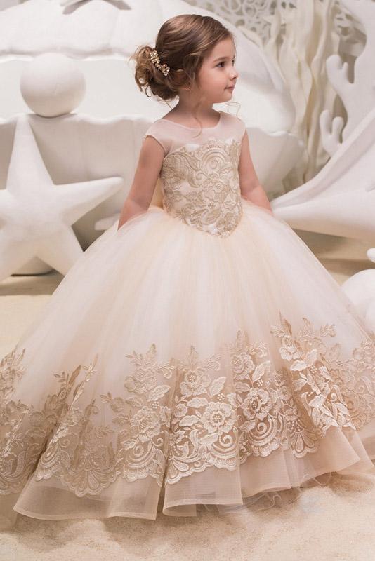 Beige Scoop Neck Sleeveless Ball Gown Flower Girls Dress-misshow.com