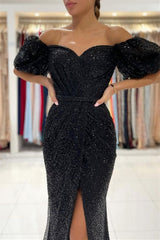 Black Evening Dresses in Long Glitter | Prom dresses with sleeves-misshow.com