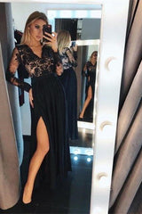 Black Floral Lace Long Sleeves Evening Maxi Dress-misshow.com