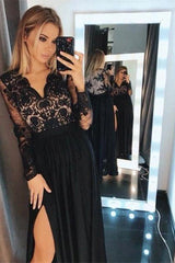 Black Floral Lace Long Sleeves Evening Maxi Dress-misshow.com