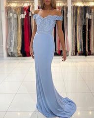 Blue Off-the-shoulder Long Mermaid Prom Dresses With Lace-misshow.com