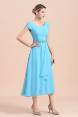 Blue Short Sleeves Chiffon Mother of the Bride Dress Tea-Length Online-misshow.com