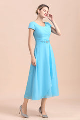 Blue Short Sleeves Chiffon Mother of the Bride Dress Tea-Length Online-misshow.com