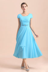 Blue Short Sleeves Chiffon Mother of the Bride Dress Tea-Length Online-misshow.com