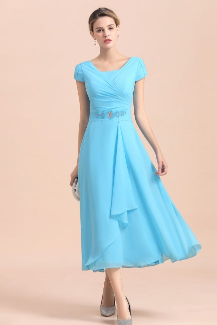 Blue Short Sleeves Chiffon Mother of the Bride Dress Tea-Length Online-misshow.com