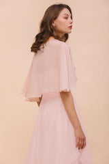 Blushing Pink Bridesmaid Dress Knee Length Simple Chiffon Girls Party Dress with Wraps-misshow.com