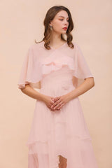 Blushing Pink Bridesmaid Dress Knee Length Simple Chiffon Girls Party Dress with Wraps-misshow.com