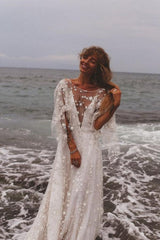 Boho A-Line Long Sleeves Backless Wedding Dresses With Lace-misshow.com