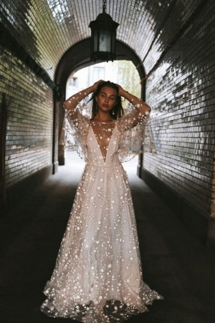 Boho A-Line Long Sleeves Backless Wedding Dresses With Lace-misshow.com