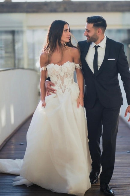 Boho A-Line Tulle Off-the-shoulder Wedding Dresses with Lace-misshow.com