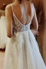 Boho A-line V-neck Backless Sleeveless Wedding Dresses With Lace-misshow.com