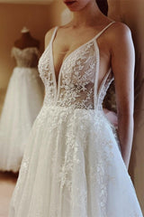 Boho A-line V-neck Backless Sleeveless Wedding Dresses With Lace-misshow.com