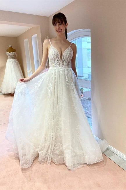 Boho A-line V-neck Backless Sleeveless Wedding Dresses With Lace-misshow.com