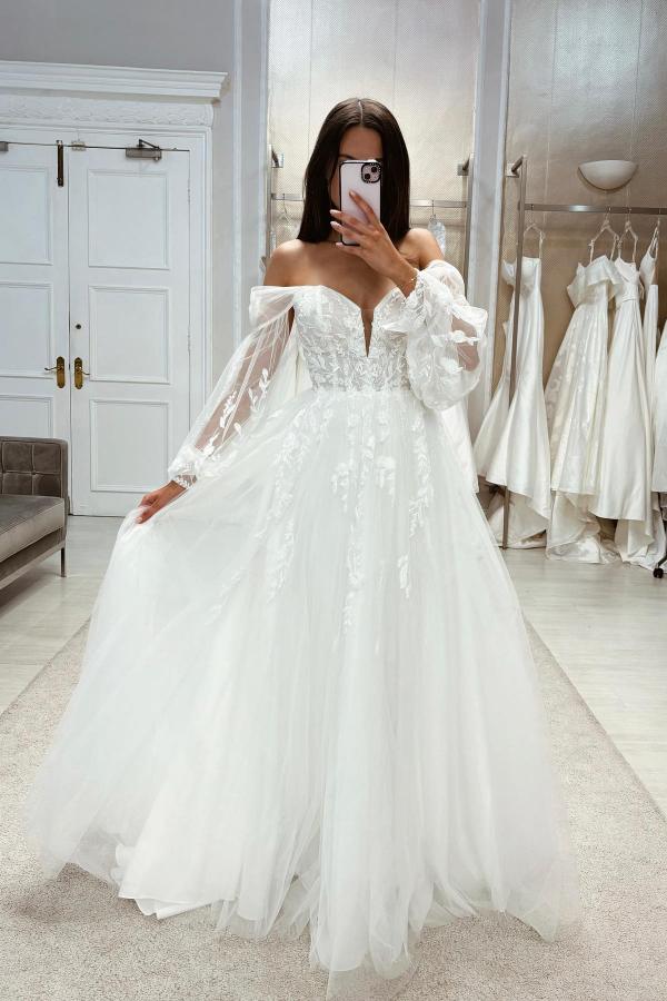 Boho Long White A-line Off-the-shoulder Lace Wedding Dresses with Long Sleeves