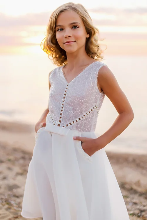 Boho Short Sleeveless A-line Flower Girls Dress With Pearl-misshow.com