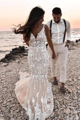 Boho Sleeveless Floral Mermaid Wedding Dress Backless Bridal Gown-misshow.com