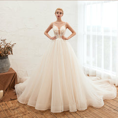 This elegant V-neck,Spaghetti Straps Tulle wedding dress with Lace,Beading,Pearls could be custom made in plus size for curvy women. Plus size Sleeveless A-line,Ball Gown bridal gowns are classic yet cheap.