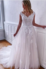 Boho White A-Line Sleeveless Wedding Dresses With Lace-misshow.com