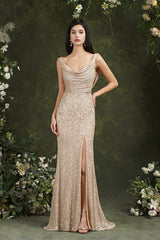 Brilliant Scoop Neck Sequins Backless Mermaid Bridesmaid/Prom Dress With Side Slit-misshow.com