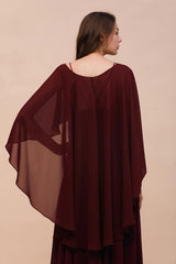 Burgundy Bridesmaid Dresses Spaghetti Straps Chiffon Floor Length Wedding Guest Dress with Back Cape Wraps-misshow.com