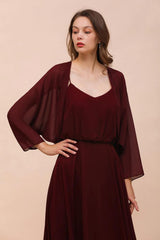 Burgundy Bridesmaid Dresses Spaghetti Straps Chiffon Floor Length Wedding Guest Dress with Back Cape Wraps-misshow.com