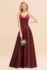 Burgundy Evening Maxi Dress Charming V-Neck Backless Wedding Party Dress-misshow.com