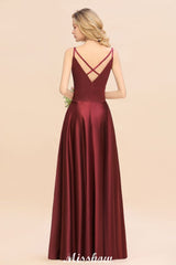 Burgundy Evening Maxi Dress Charming V-Neck Backless Wedding Party Dress-misshow.com