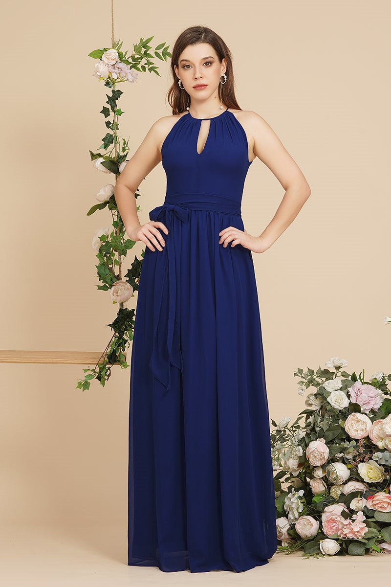 Burgundy Halter A-line Floor Length Bridesmaid Dresses with Bow Sash-misshow.com