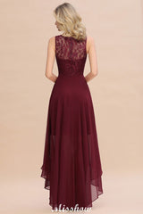 Burgundy Hi-Lo Evening Party Dress Sleeveless Lace Bridesmaid Dress-misshow.com