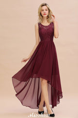 Burgundy Hi-Lo Evening Party Dress Sleeveless Lace Bridesmaid Dress-misshow.com