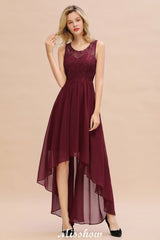 Burgundy Hi-Lo Evening Party Dress Sleeveless Lace Bridesmaid Dress-misshow.com