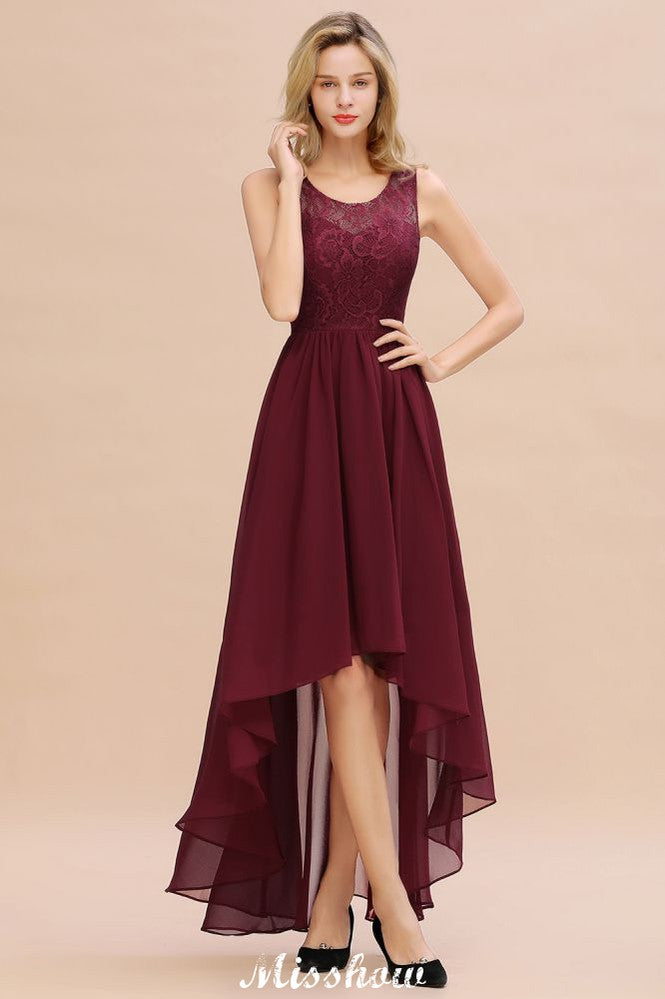 Burgundy Hi-Lo Evening Party Dress Sleeveless Lace Bridesmaid Dress-misshow.com