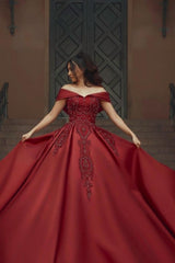 Burgundy Off-the-shoulder A-Line Satin Wedding Dresses Bridal Gowns With Lace-misshow.com