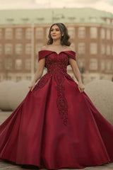 Burgundy Off-the-shoulder A-Line Satin Wedding Dresses Bridal Gowns With Lace-misshow.com