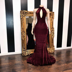 Burgundy Velvet Mermaid Long Evening Gowns-misshow.com