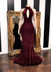 Burgundy Velvet Mermaid Long Evening Gowns-misshow.com