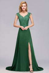 MISSHOW offers Cap Sleeve aline appliques Bridesmaid Dress Green Side Split Wedding Party Dress with Sweep Train at a good price from Misshow