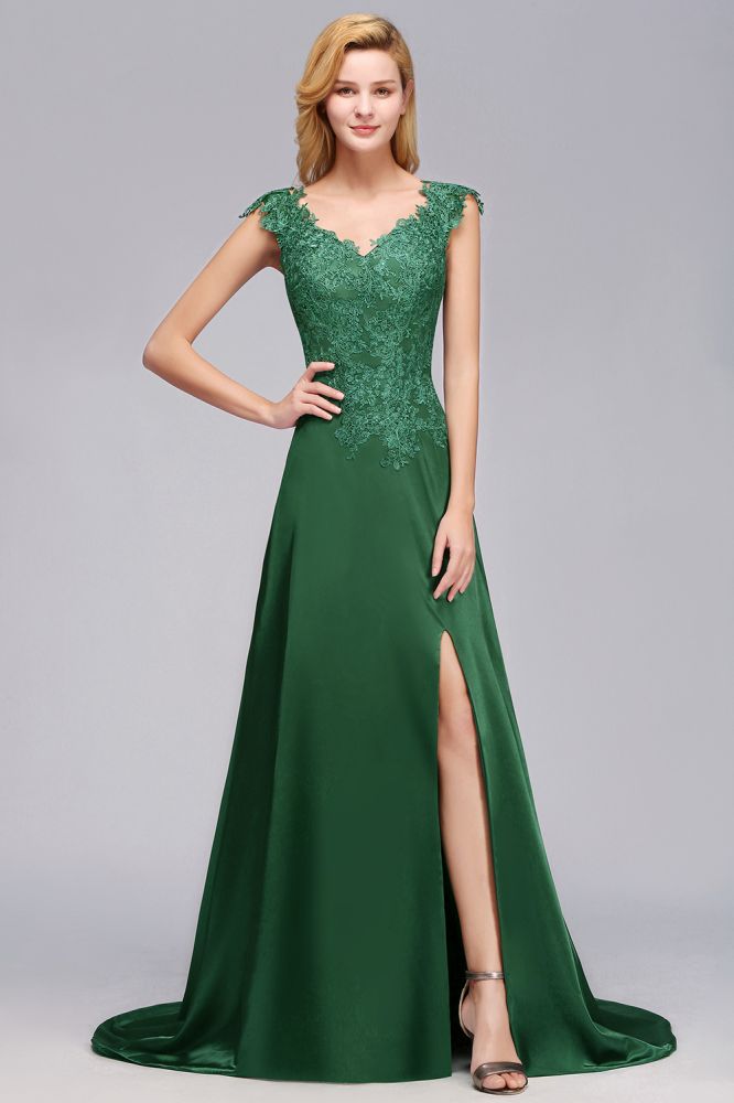 MISSHOW offers Cap Sleeve aline appliques Bridesmaid Dress Green Side Split Wedding Party Dress with Sweep Train at a good price from Misshow