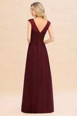 Cap Sleeve Burgundy Evening Maxi Gown Chiffon Floor Length Bridesmaid Dress-misshow.com